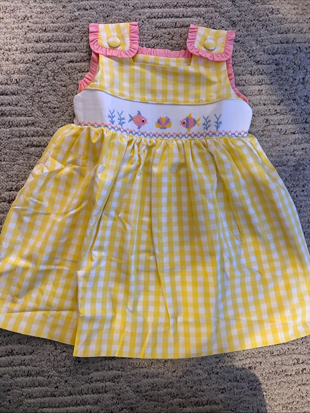 Yellow Gingham Girls' Smocked Sundress with Fish Embroidery